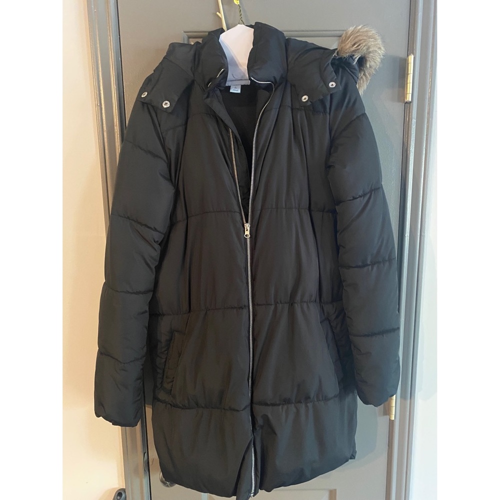 Old Navy Long Black Puffer Coat with Faux Fur Lined Hood - Small Tall